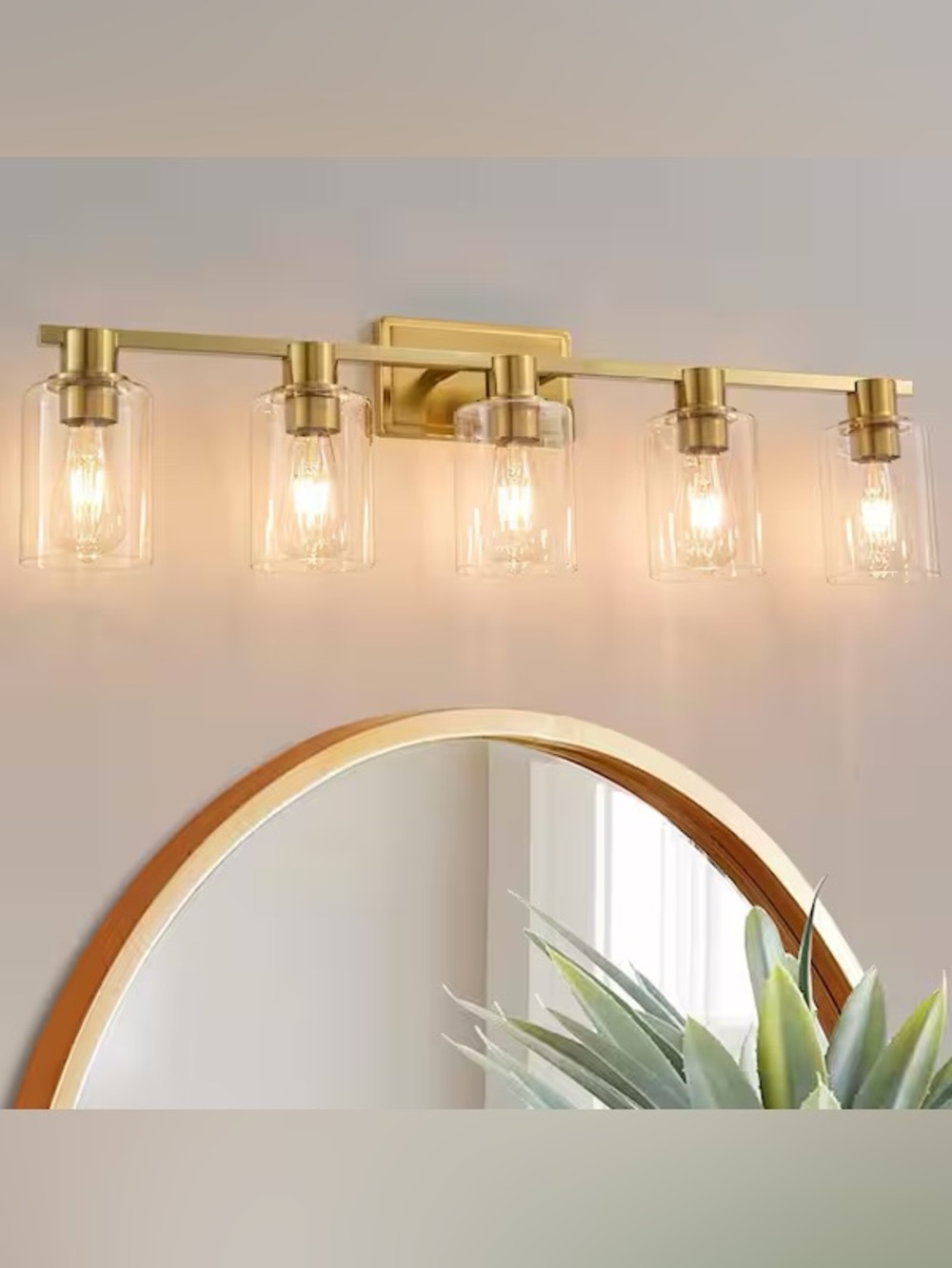 Gold Finish 5-Light Vanity Wall Sconce - Modern Glass Shade Bathroom Lighting